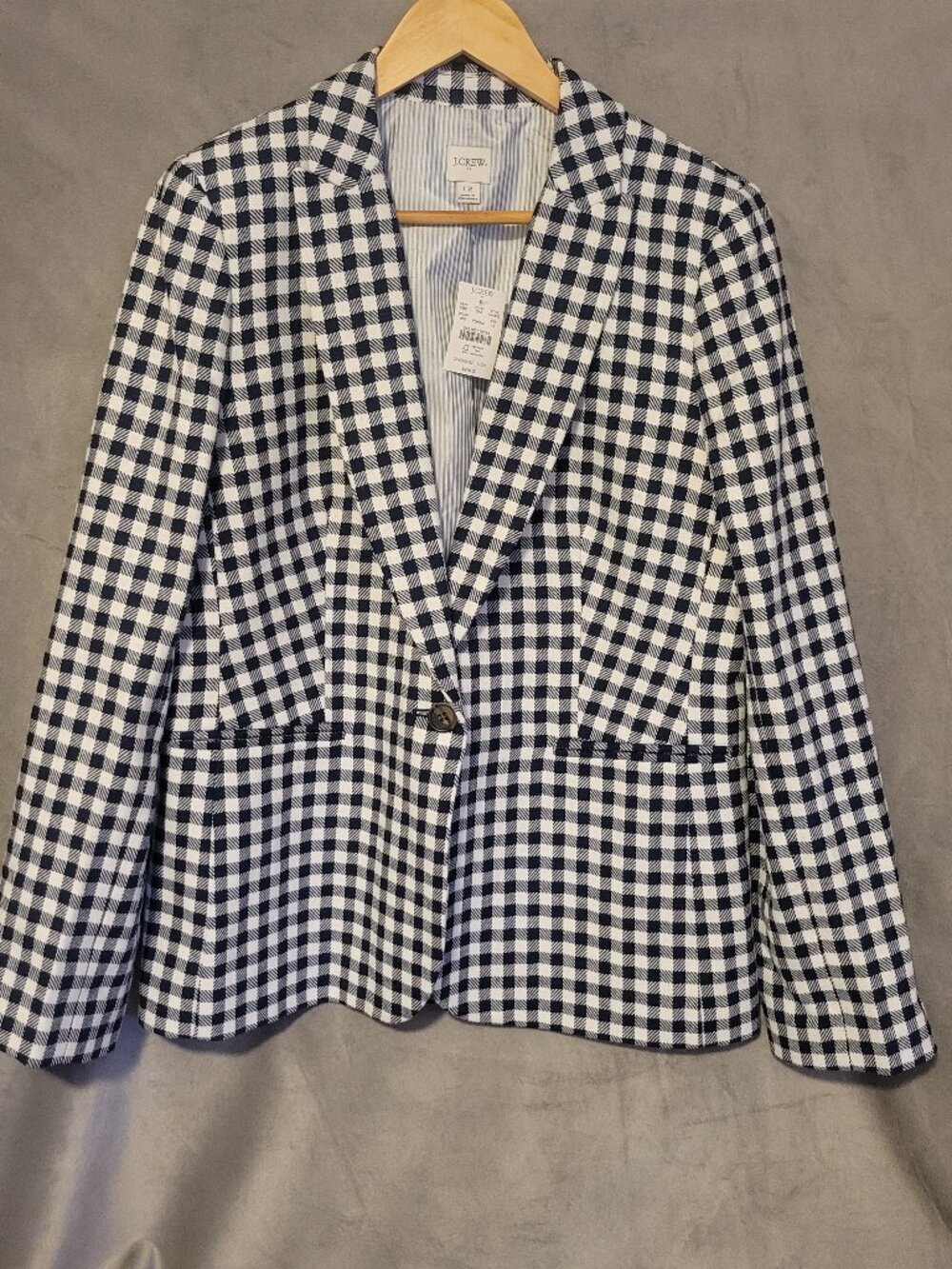 J.CREW Women’s Size 12 Navy Blue White Check Gingham Linen-Cotton Blazer NWT
